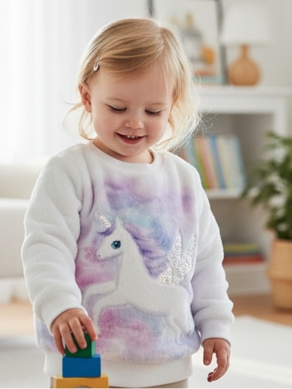 H&M White Unicorn Fleece Sweatshirt with Purple Pastel Accents